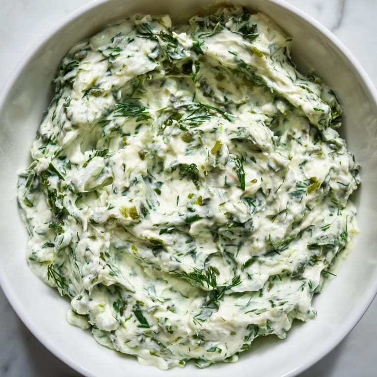 A close-up shot of homemade Green Goddess Dip, wonderfully smooth and ready to serve.