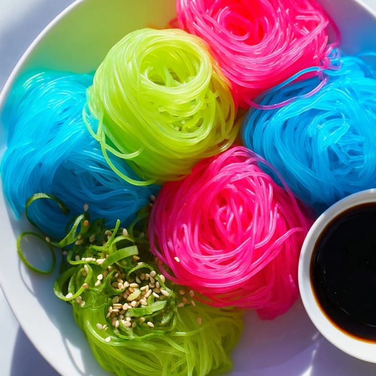 Glimpse the visually stunning Neon Noodle Clouds, a fusion dish perfect for a unique meal.