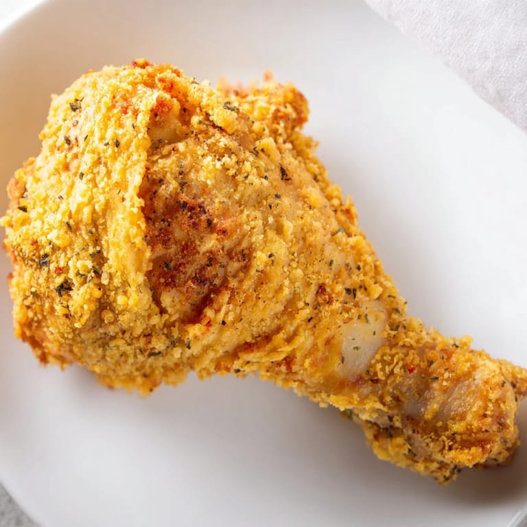 A close-up shows the super crispy, flavorful coating on this homemade KFC Crispy Chicken recipe.