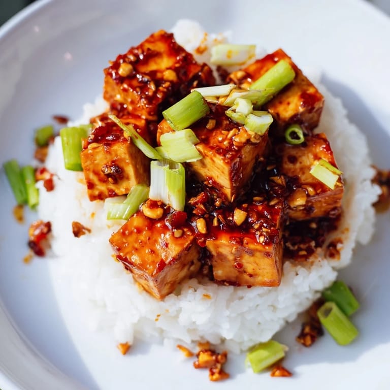 Flavorful Chinese Mapo Tofu features tender silken tofu and a rich, spicy sauce served with steamed rice.