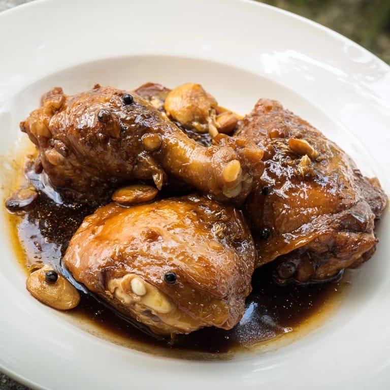 Golden-brown chicken thighs simmered in classic Filipino adobo sauce, ready for serving with scallions.