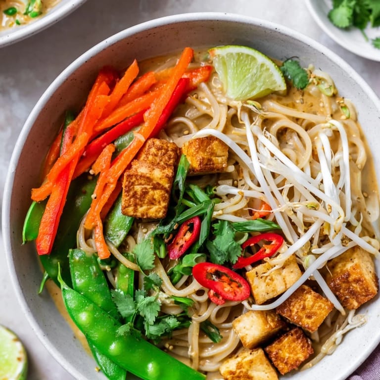 A hearty bowl of Malaysian Laksa curry with noodles, cilantro, and red chili, ready to eat.