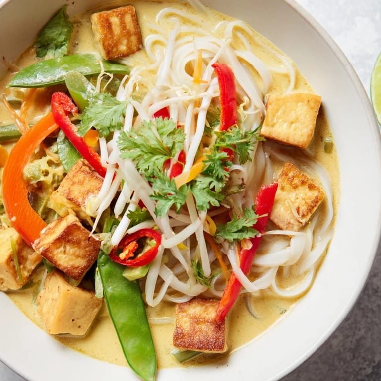Close-up of Malaysian Laksa curry showing the creamy coconut broth, and various fresh toppings beautifully arranged.