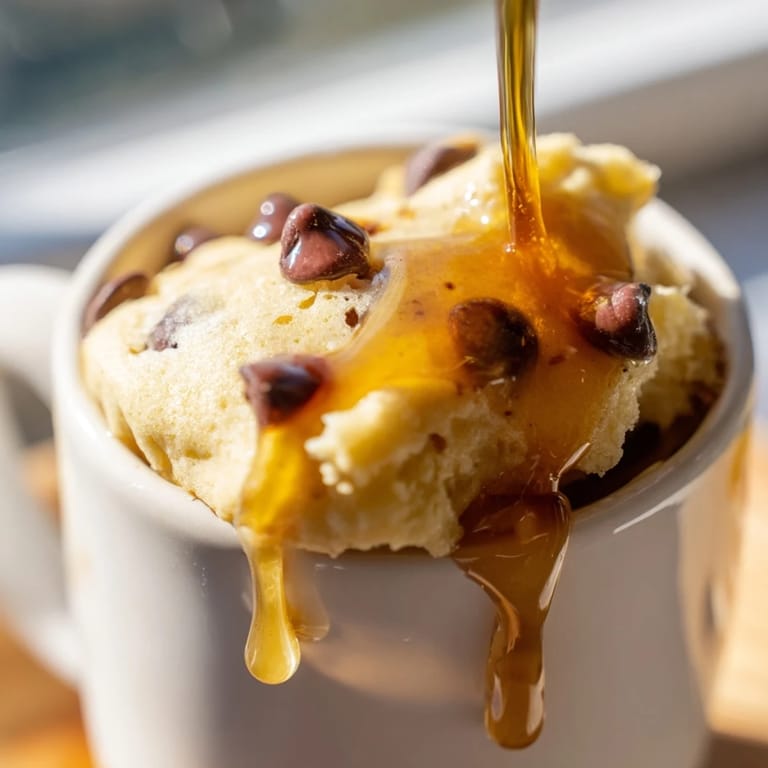A warm, golden-brown Microwave Mug Pancake, perfectly cooked and waiting for delicious toppings.