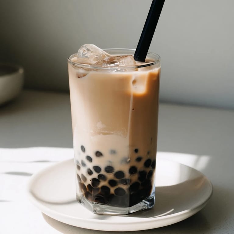Delicious boba tea hack with chewy tapioca pearls in milk, ready to drink now.