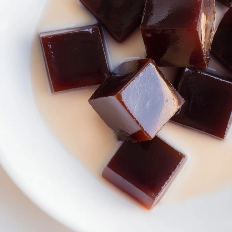 Cool, sweet, and jiggly: a visually appealing Coffee Jelly Drink, ideal for a creamy treat.