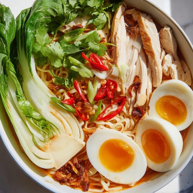 A flavorful Thai Miso Ramen Bowl showcases rich broth surrounding noodles, with crispy shallots for texture.
