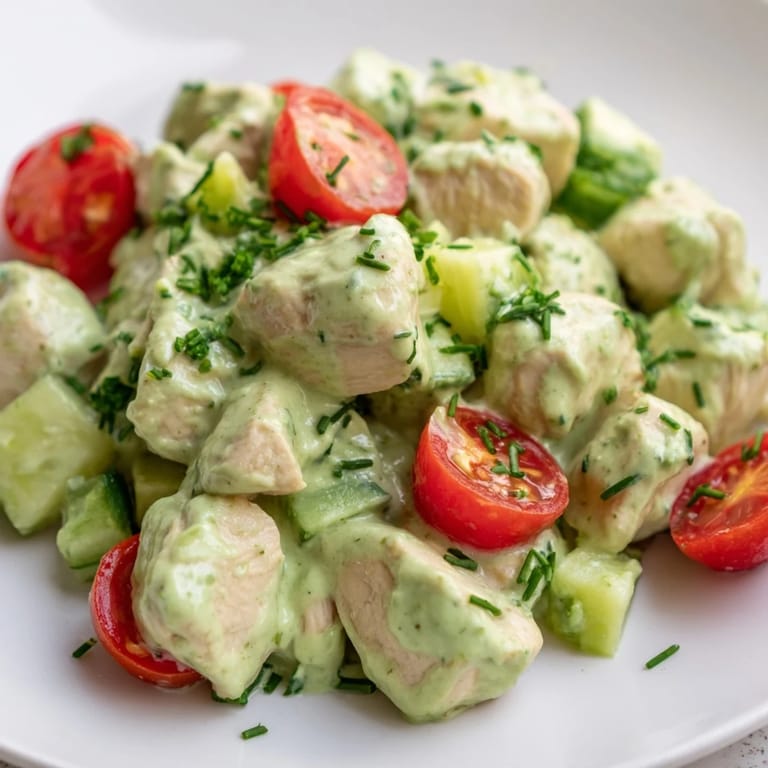 A bowl of Avocado Ranch Chicken Salad features juicy chicken, diced celery, red onion, and fresh herbs on a bed of mixed greens.