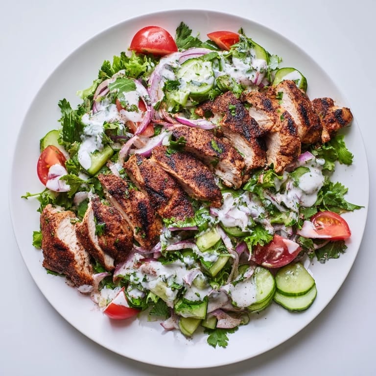 Plated Chicken Shawarma Salad with juicy marinated chicken, diced veggies, and tangy dressing, ready for a fresh, gluten-free main course.