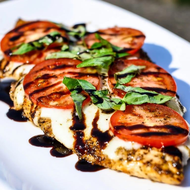 Juicy Caprese Chicken Skillet topped with tomatoes, basil, and drizzled balsamic glaze.