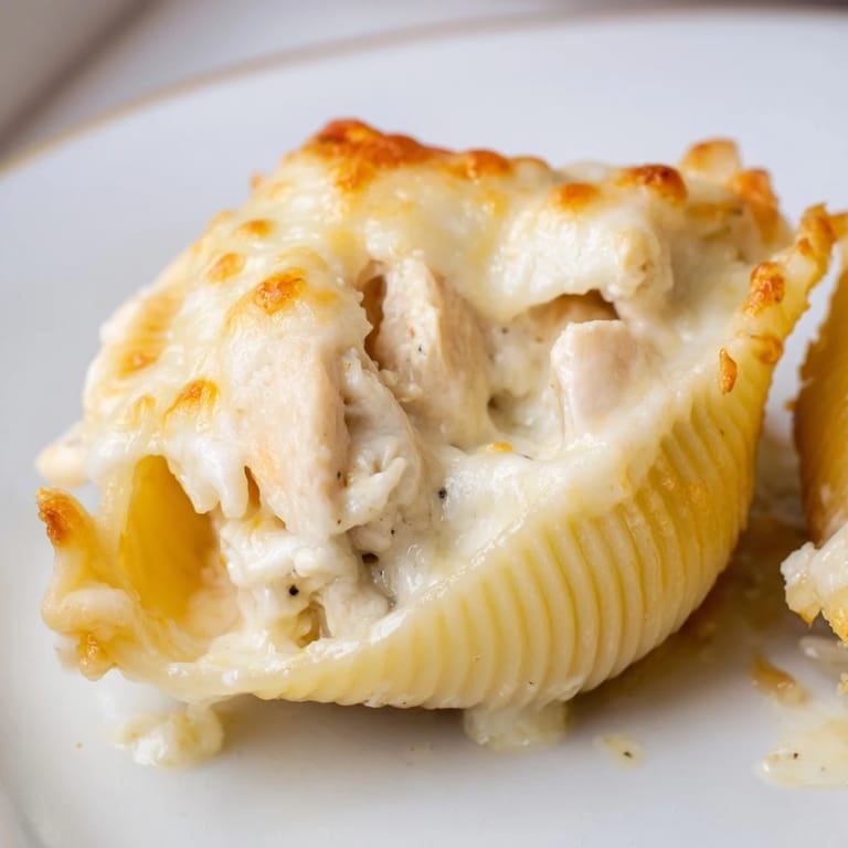 Creamy Chicken Alfredo Stuffed Shells served on plates, ready for a family dinner with salad.