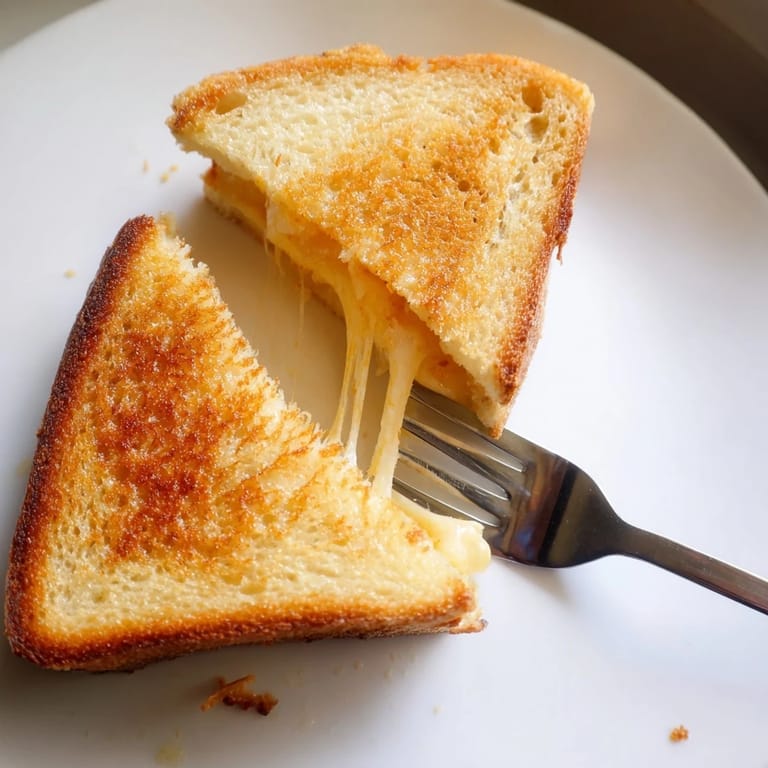 A handheld Three-Cheese Grilled Cheese sandwich reveals gooey, stringy cheese layers against a dark kitchen background.
