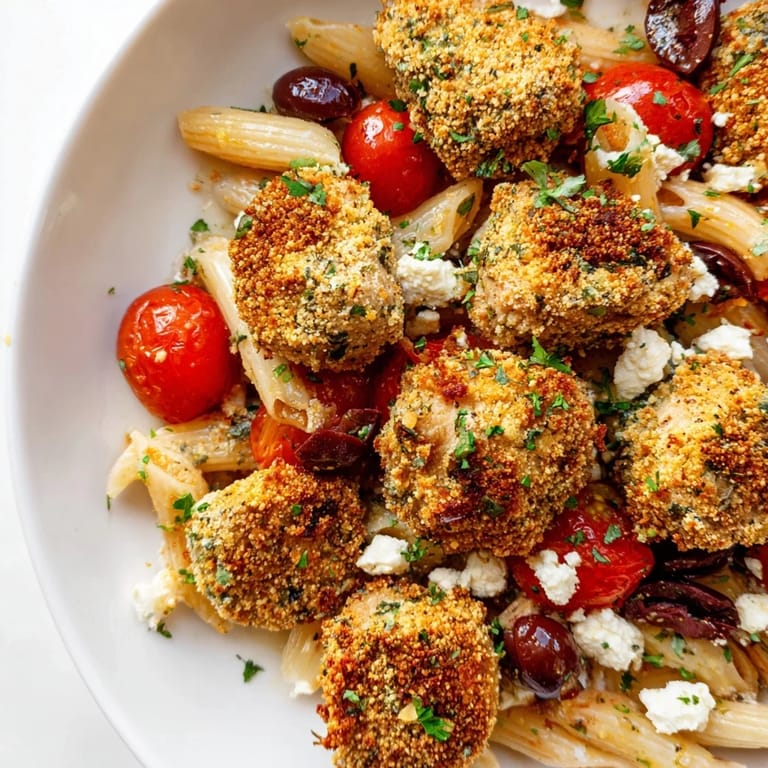 A close-up of Crispy Chicken Greek Pasta with tender penne, red onions, Kalamata olives, and fresh parsley tossed in dressing.