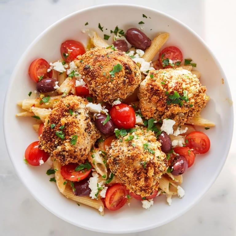 Hearty main dish serving of Crispy Chicken Greek Pasta, showcasing golden-brown chicken bites and colorful Mediterranean vegetables on a plate.