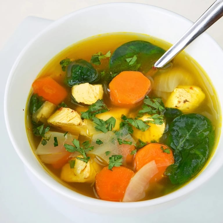 A cozy serving of Turmeric Chicken Soup in a rustic bowl, paired with a lemon wedge and fresh herbs.