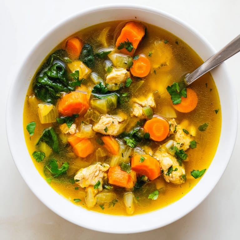 Turmeric Chicken Soup simmering gently in a pot, releasing fragrant steam with visible turmeric and spices.