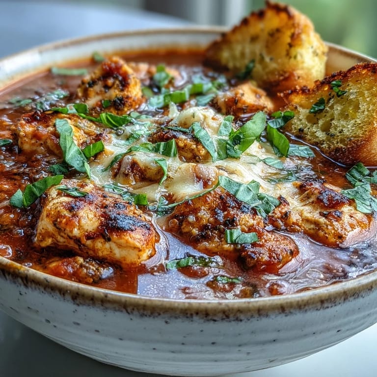 Sizzling grilled chicken simmers in a rich tomato and herb broth to create Grilled Chicken Parmesan Soup.