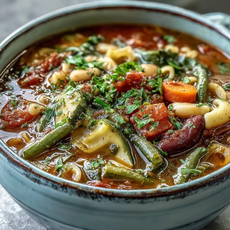 A close-up of a bowl of Minestrone Soup, garnished with fresh parsley, cannellini beans, and small pasta.