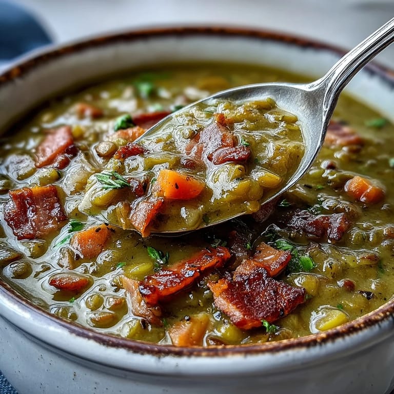 Steaming Split Pea and Ham Soup served in a rustic bowl, featuring tender peas, carrots, and chunks of ham.