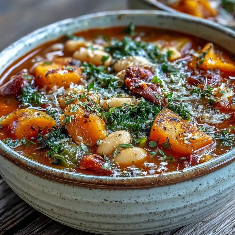 A rustic ladle pours a hearty serving of Winter Minestrone Soup with Butternut Squash and Kale into a bowl, steam rising and Parmesan melting on top.