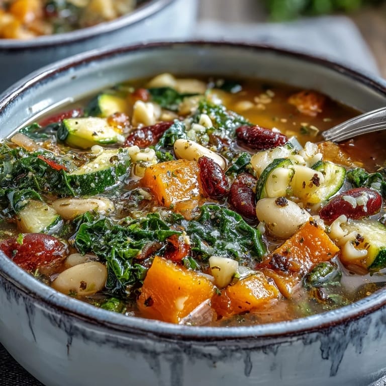 Overhead view of homemade Winter Minestrone Soup, featuring colorful vegetables, white cannellini beans, and herbs in a rustic ceramic bowl.
