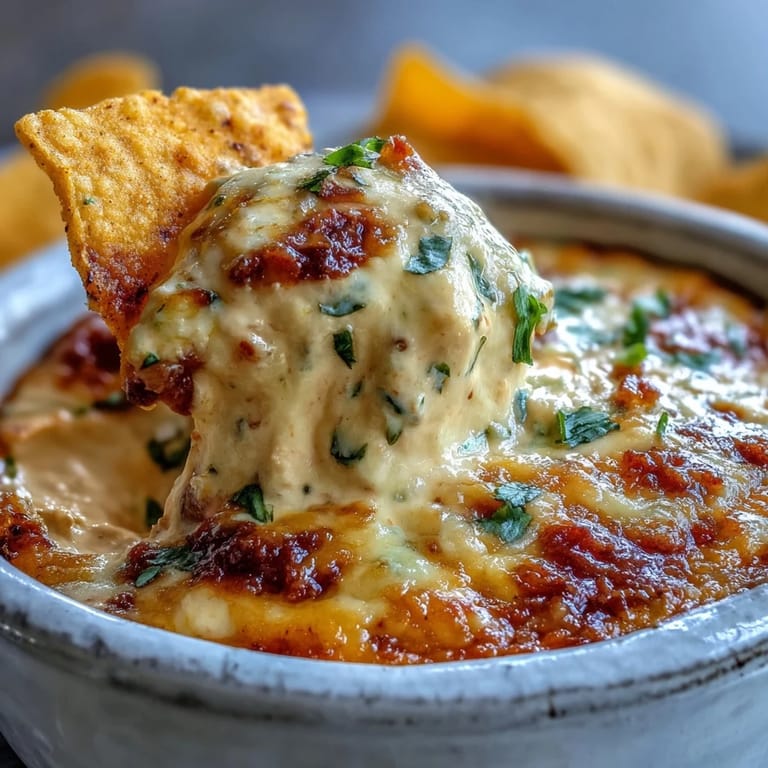 Spicy Queso Dip with diced tomatoes and jalapeños bubbling in a ceramic bowl, ready for a Super Bowl party.