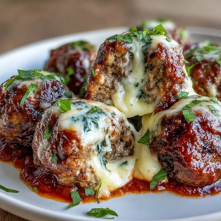 Close-up of baked Cheesy, Garlicky Meatballs With Marinara in a skillet, steaming with rich red sauce.