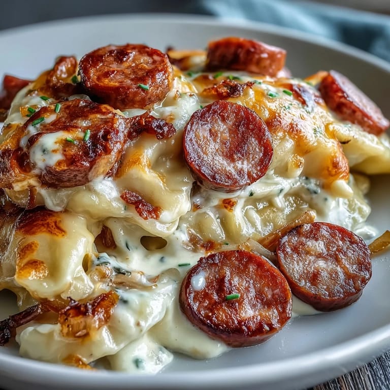 Comforting bowl of Crockpot Pierogi Casserole with Kielbasa, garnished with parsley and sour cream, ready to be served.