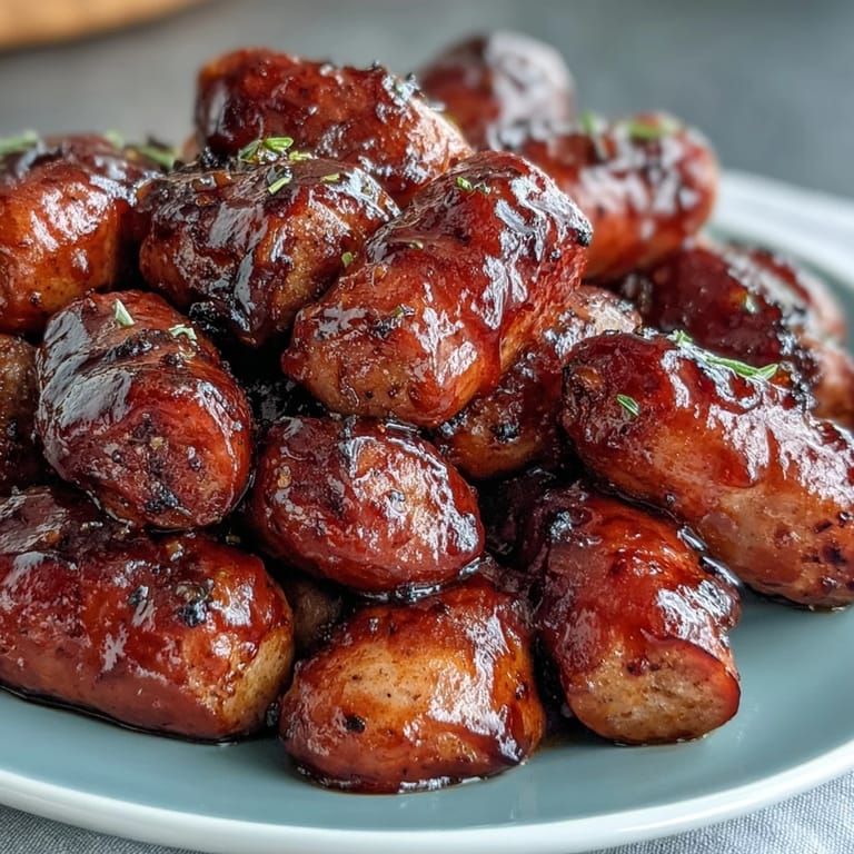 A serving dish holds sticky-sweet Crock Pot BBQ Cocktail Sausages alongside crisp pickle spears for a classic American appetizer pairing.