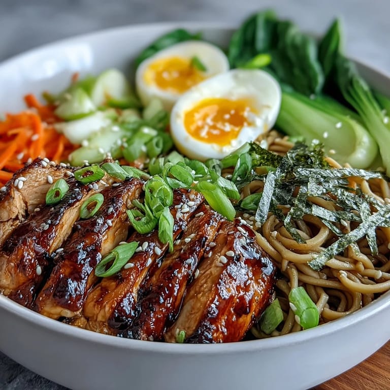 Steaming Healthy Miso Chicken Noodle Bowls in a deep bowl, showcasing marinated chicken slices, shiitake mushrooms, julienned carrots, and soft-boiled egg halves over savory noodles.
