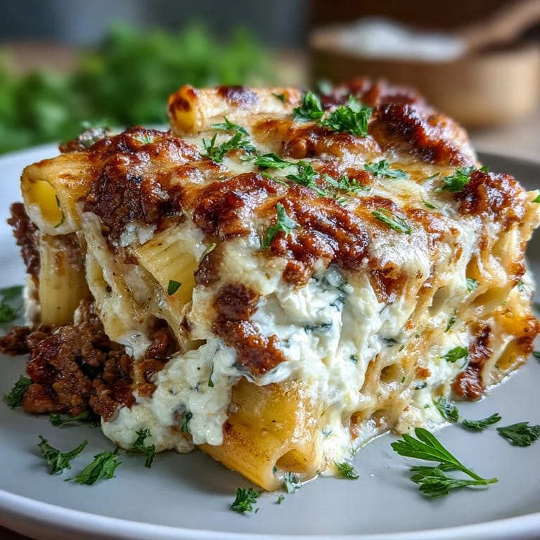Freshly baked Cottage Cheese Protein Pasta Bake with Ground Beef in a white dish, topped with chopped parsley and served alongside a simple green salad.