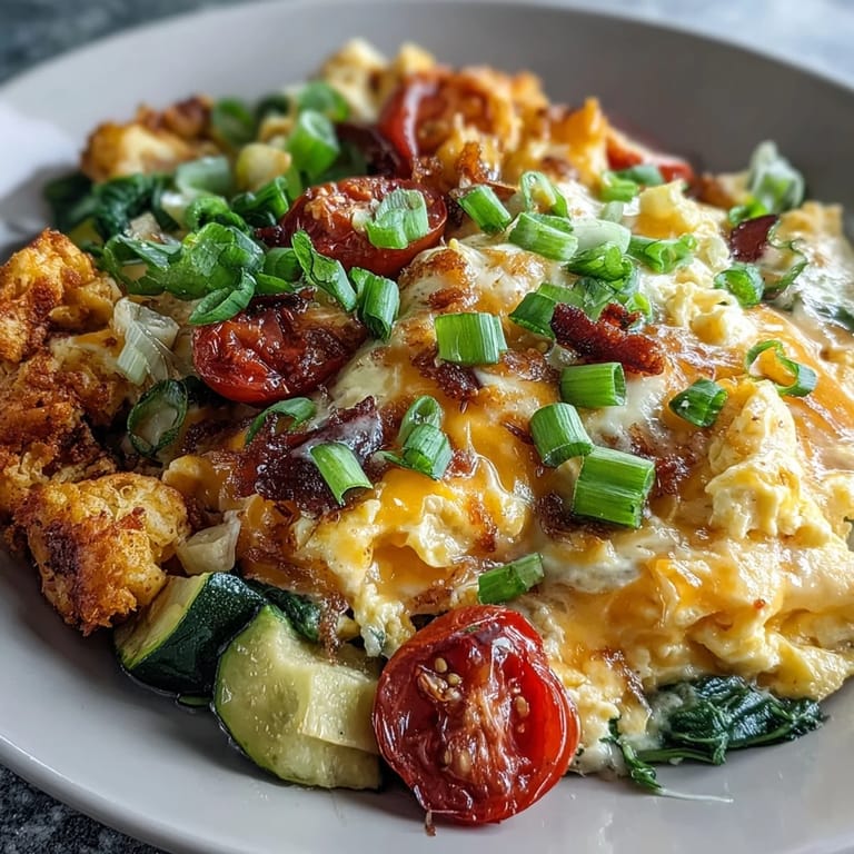 A hearty Scrambled Egg and Veggie Bowl topped with gooey melted cheese and fresh green onions for a nourishing American breakfast.