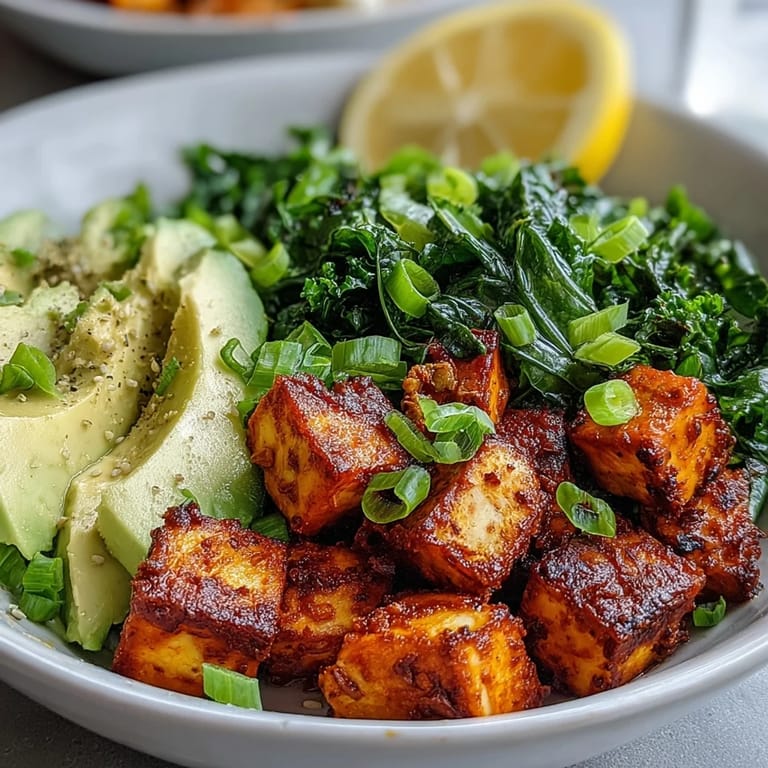 A nourishing Tofu Breakfast Bowl with Avocado and Kale, garnished with pumpkin seeds and lemon, served in a rustic ceramic bowl.