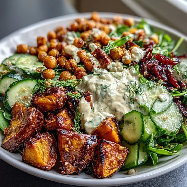 A close-up of a delicious Breakfast Buddha Bowl reveals crispy chickpeas, tender sweet potato cubes, and sliced avocado on a bed of fresh greens.
