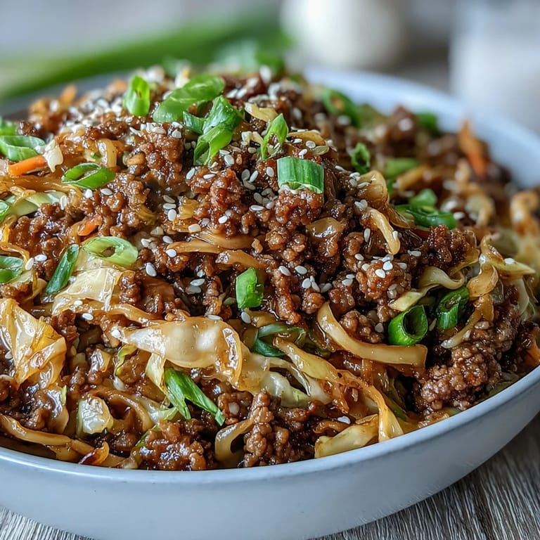 Quick and easy Egg Roll in a Bowl garnished with fresh green onions and sesame seeds for dinner.