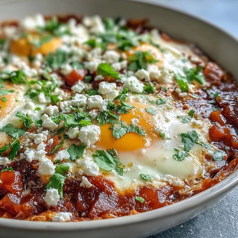 Homemade Shakshuka Bowl simmering in a skillet, garnished with herbs and pita bread for a cozy meal.