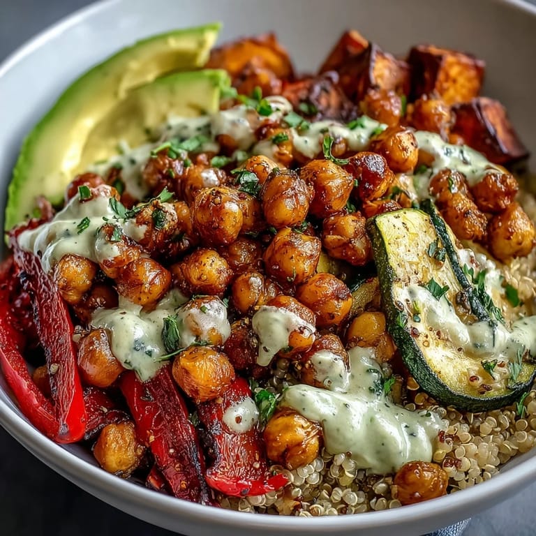 Vibrant Roasted Chickpea Power Bowl served over baby spinach with drizzled tahini dressing for a wholesome meal.