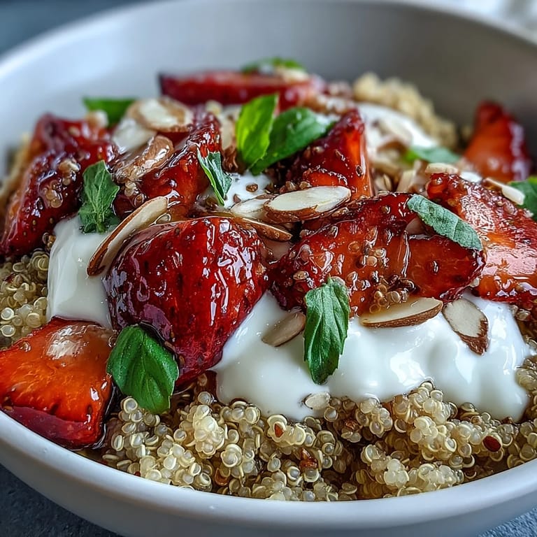 A freshly prepared bowl of fluffy quinoa with sweet strawberries, creamy yogurt, and almond slices for a satisfying texture.