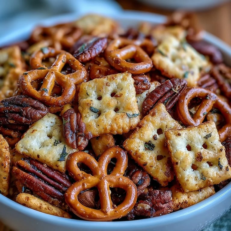 Golden homemade sourdough Cheez-Its tossed with mini pretzels, mixed nuts, and buttery spices in this easy, crowd-pleasing snack mix.  