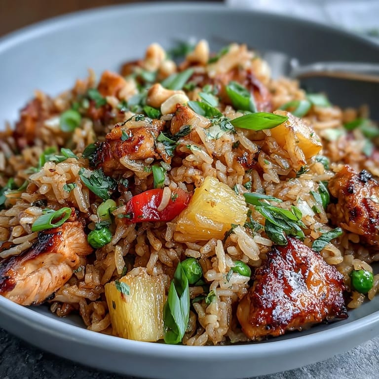 Tropical Hawaiian pineapple chicken fried rice featuring sweet pineapple, diced chicken, and crisp vegetables served in a steaming bowl.