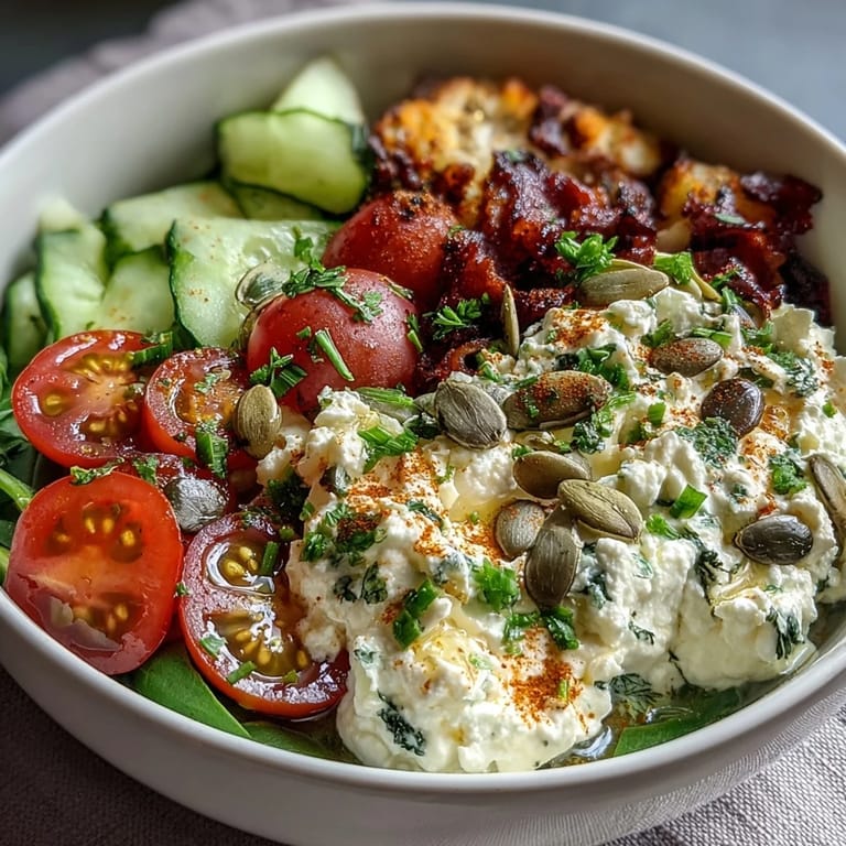 Creamy cottage cheese breakfast bowl topped with crisp cucumber, cherry tomatoes, and fresh herbs in a rustic bowl.