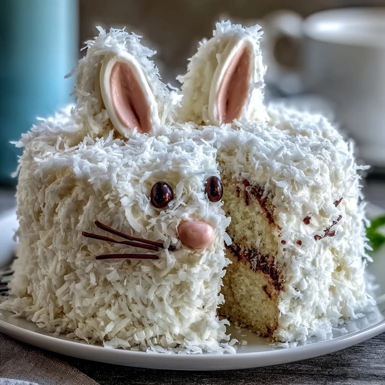 Fluffy vanilla cake shaped like a bunny, covered in creamy coconut frosting and decorated with colorful Easter candies.  
