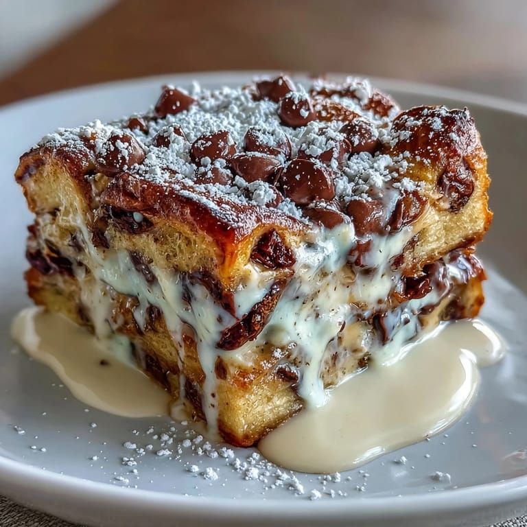Warm and gooey chocolate croissant bread pudding with buttery layers and a golden-brown top, ideal for breakfast or dessert.  
