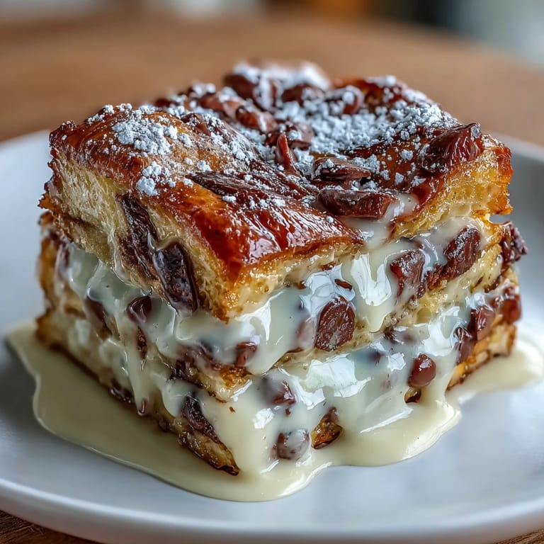 Indulgent chocolate croissant bread pudding featuring creamy custard-soaked croissants and melted chocolate, served warm with fresh berries and whipped cream.