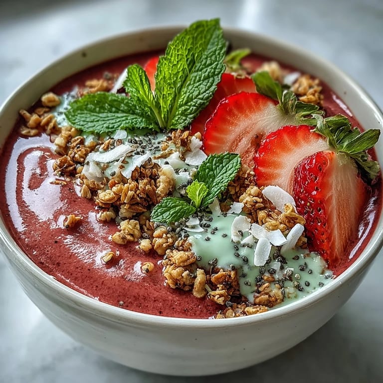 Creamy matcha latte smoothie bowl blending sweet strawberries and banana, topped with fresh fruit, seeds, and granola for a refreshing snack.