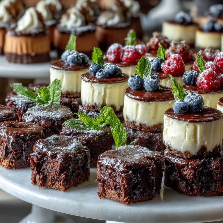 An elegant spread of bite-sized desserts including fudgy brownies, creamy lemon cheesecake, and berry-topped tartlets, perfect for sharing at any celebration.