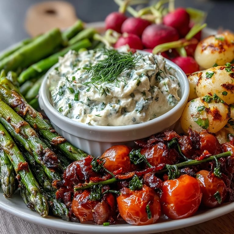 Beautiful spring vegetable board with radishes, peas, and herb dip, ideal for entertaining or snacking.