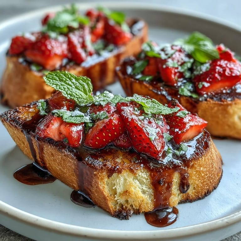 Sweet strawberries, fresh mint, and balsamic reduction on golden baguette slices for a bright summer appetizer.