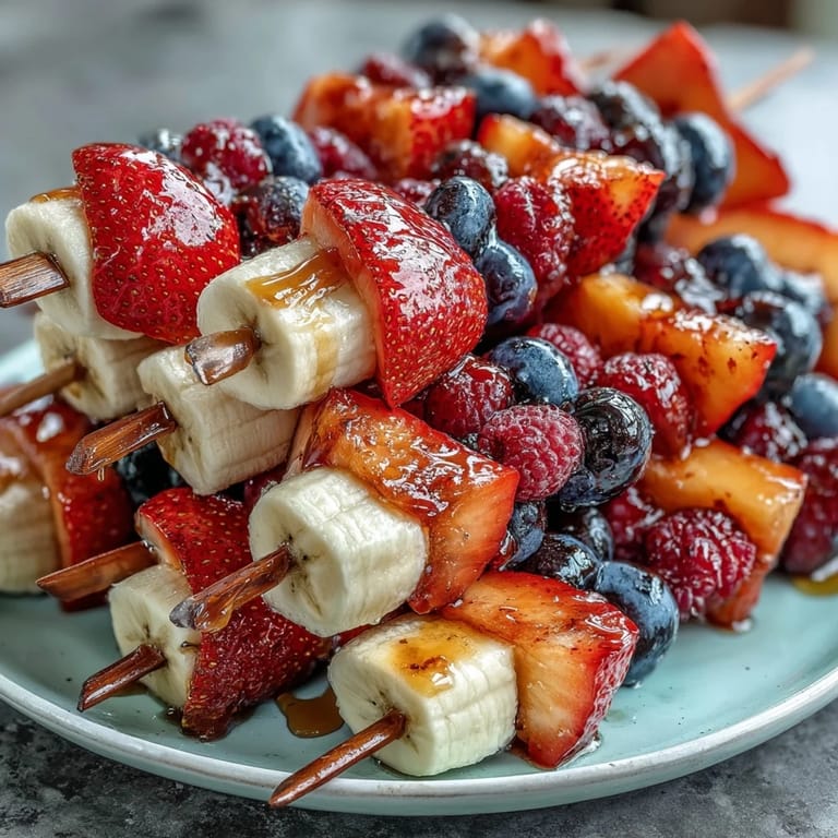 Patriotic fruit skewers arranged in a flag pattern, featuring juicy strawberries, fresh banana slices, and sweet blueberries for summer parties.