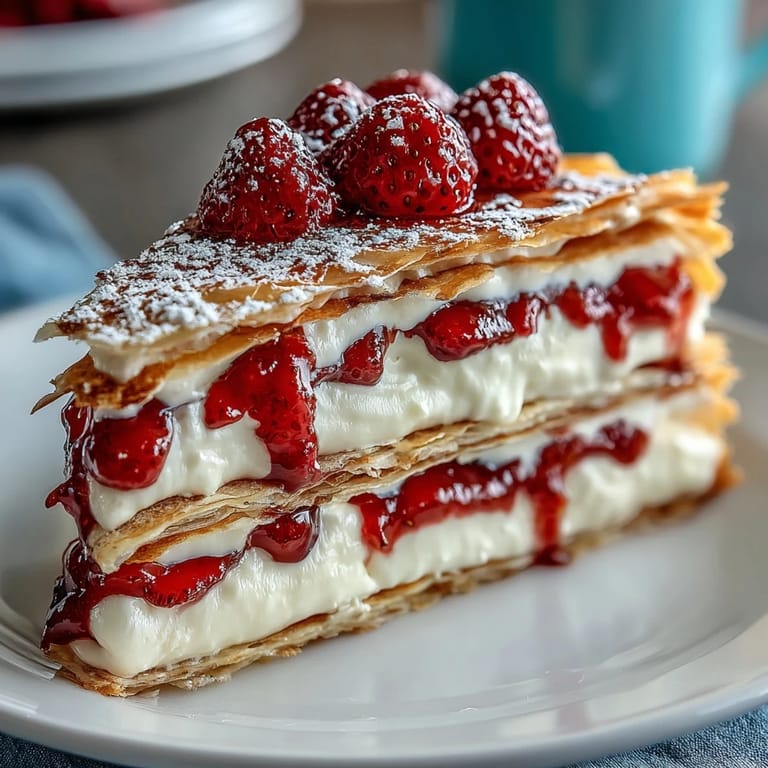 Elegant strawberry crepe cake featuring delicate crepes, sweet strawberries, and silky vanilla mascarpone cream.